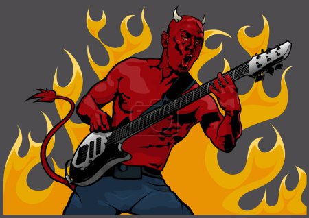 Illustration for Devil Guitarist with Flames in the Background - Colored Illustration Isolated on Gray Background, Vector - Royalty Free Image
