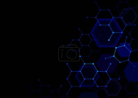 Illustration for Black Background with Blue Hexagonal Shapes - Abstract Illustration, Vector - Royalty Free Image