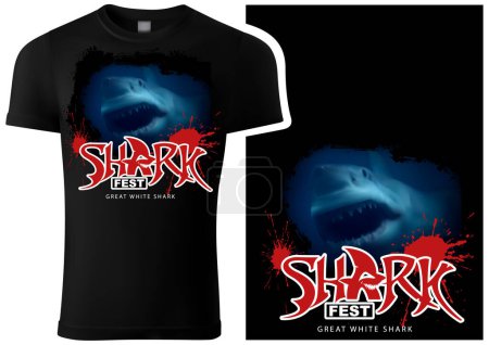 Illustration for Graphic Design for a Black T-shirt Print with the Motif of a Great White Shark with Terrifying Jaws - Vector Illustration - Royalty Free Image