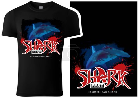 Ilustración de Diseño gráfico para una camiseta negra Imprimir con un tiburón martillo Camiseta negra con ilustración de colores, Vector - Imagen libre de derechos