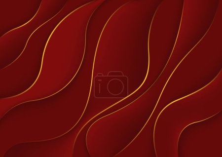 Ilustración de Ondas de flujo rojo con líneas decorativas doradas: fondo abstracto como curvas elegantes modernas en la ilustración vectorial - Imagen libre de derechos
