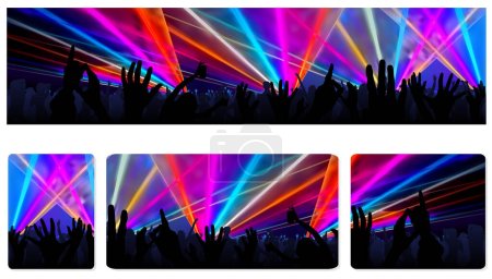 Ilustración de Conjunto de banners web con vista trasera de un gran grupo de personas que disfrutan de un concierto - Ilustración colorida con espectáculo de luz láser, Vector - Imagen libre de derechos