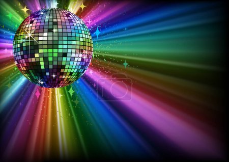 Ilustración de Fondo con la bola del disco con los rayos brillantes como tema para la fiesta de noche o entretenimiento de la danza - Ilustración colorida, Vector - Imagen libre de derechos