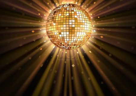 Ilustración de Fondo con bola de disco de oro con rayos como tema para fiesta nocturna o entretenimiento de danza - Ilustración colorida, Vector - Imagen libre de derechos