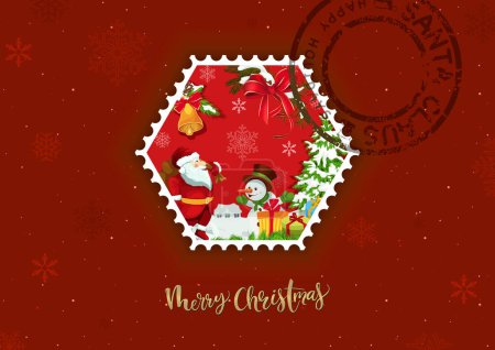 Ilustración de Tarjeta de felicitación navideña con sello postal navideño - Ilustración abstracta sobre fondo rojo, vector - Imagen libre de derechos