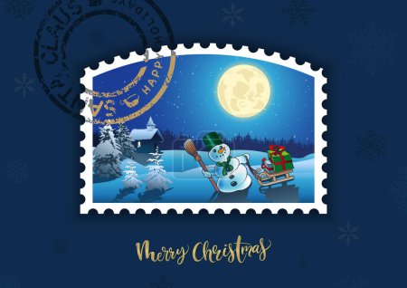 Ilustración de Tarjeta de felicitación navideña con sello postal navideño - Ilustración abstracta sobre fondo azul, vector - Imagen libre de derechos