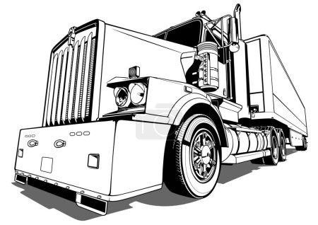Téléchargez les illustrations : Dessin de camion routier australien avec remorque vue de face - Illustration noir et blanc, vecteur - en licence libre de droit