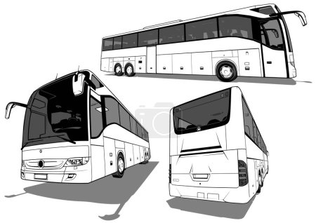 Téléchargez les illustrations : Série de dessins d'un autobus interurbain à partir de trois vues - Illustrations isolées en noir et blanc, vectoriel - en licence libre de droit