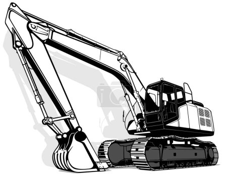 Ilustración de Dibujo de una excavadora desde la vista frontal - Ilustración negra aislada sobre fondo blanco, vector - Imagen libre de derechos