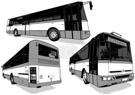 Ilustración de Dibujo de un conjunto de legendarios autobuses urbanos de Europa Central - Ilustraciones aisladas en blanco y negro, Vector - Imagen libre de derechos