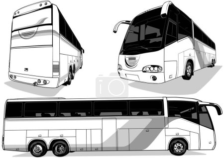 Ilustración de Conjunto de dibujos de un autobús interurbano desde tres puntos de vista - Ilustraciones aisladas en blanco y negro, Vector - Imagen libre de derechos