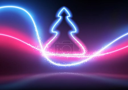 Téléchargez les illustrations : Arbre de Noël lumineux abstrait néon avec des effets scintillants Illustration colorée, vecteur - en licence libre de droit