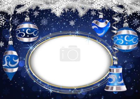 Téléchargez les illustrations : Fond bleu de Noël avec décorations de Noël suspendues et un endroit ovale pour le texte - Illustration festive colorée abstraite, vecteur - en licence libre de droit