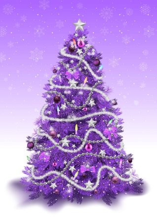 Illustration for Decorated Christmas Tree in Purple Colored Tones with Background with Falling Snow - Detailed Illustration for Your Merry Christmas Greeting, Vector - Royalty Free Image