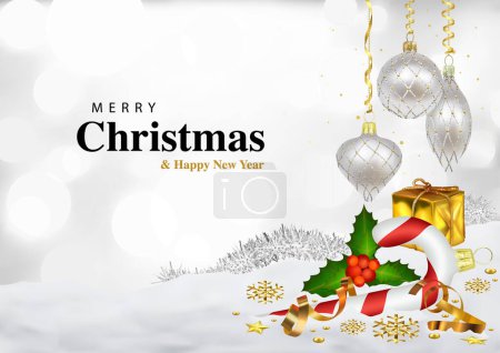 Ilustración de Feliz Navidad y Feliz Año Nuevo Tarjeta de felicitación en ilustración de colores con adornos de Navidad y bastón de caramelo y decoraciones de Navidad de oro, Vector. - Imagen libre de derechos