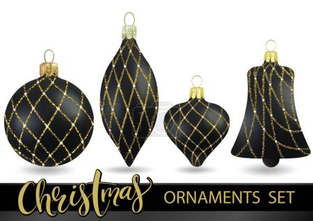 Illustration for A Collection of Black Christmas Ornaments with Golden Pattern as a Set for Designers and Illustrators - Colored Illustrations, Vector - Royalty Free Image