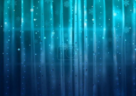 Téléchargez les illustrations : Rideaux de Noël teintés de bleu avec des étoiles tombantes et des flocons de neige - Fond abstrait coloré, Illustration vectorielle - en licence libre de droit