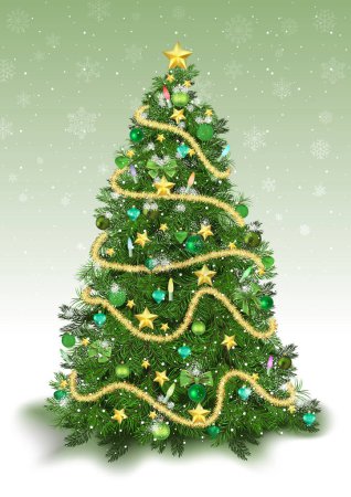 Illustration for Decorated Christmas Tree in Green Colored Tones with Background with Falling Snow - Detailed Illustration for Your Merry Christmas Greeting, Vector - Royalty Free Image