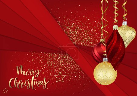 Téléchargez les photos : Carte de Noël abstraite rouge avec ornements de Noël suspendus Illustration colorée avec fond à rayures stratifiées et paillettes d'or décoratives, vecteur - en image libre de droit
