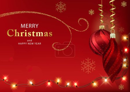 Téléchargez les illustrations : Carte de Noël rouge avec décorations de Noël suspendues et lumières de Noël éclatantes Illustration colorée, vecteur - en licence libre de droit