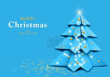 Ilustración de Árbol de origami de Navidad de papel azul con decoraciones doradas - Ilustración abstracta moderna, Vector - Imagen libre de derechos