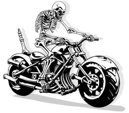 Illustration for Drawing of a Skeleton Sitting on a Moving Motorcycle - Black and White Illustration, Vector - Royalty Free Image