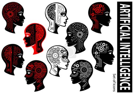 Illustration for A set of icons depicting the theme of artificial intelligence isolated on a white background - Color and black and white illustrations, Vector. - Royalty Free Image