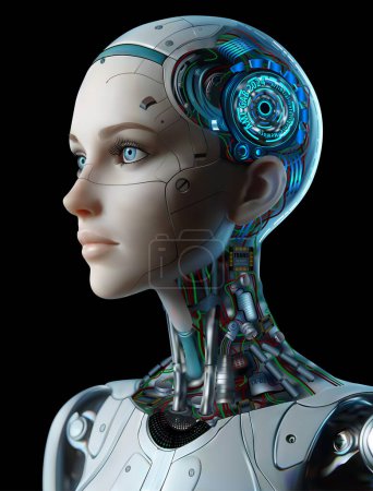 Illustration for Artificial Intelligence in the Female Cybernetic Body - Photorealistic Illustration Isolated on Black Background, Vector - Royalty Free Image
