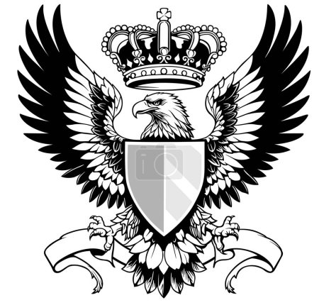 Ilustración de Dibujo de águila heráldica con alas extendidas - Ilustración en blanco y negro aislada sobre fondo blanco, vector - Imagen libre de derechos