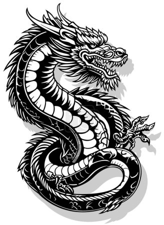 Illustration for Drawing of a Chinese Dragon as a Pattern for Tattoo or Decoration - Black and White Illustration Isolated on White Background, Vector - Royalty Free Image