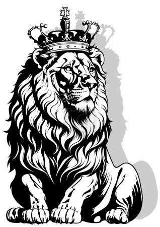 Illustration for Drawing of a Heraldic Seated Lion with a Royal Crown on its Head - Black and White Illustration Isolated on White Background, Vector - Royalty Free Image