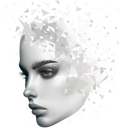 Illustration for Drawing of a Beautiful Woman Face Disintegrating into Fragments - Photorealistic Illustration in Shades of Gray Isolated on a White Background, Vector. The Face is Fictional and Made by Artificial Intelligence. - Royalty Free Image