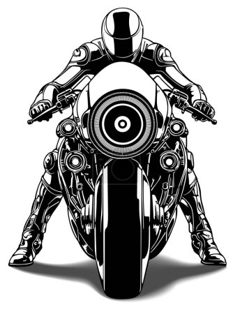 Illustration for Drawing of a Biker from the Future - Black and White Illustration with a Fictional Motorcycle from a Frontal View Isolated on a White Background, Vector - Royalty Free Image