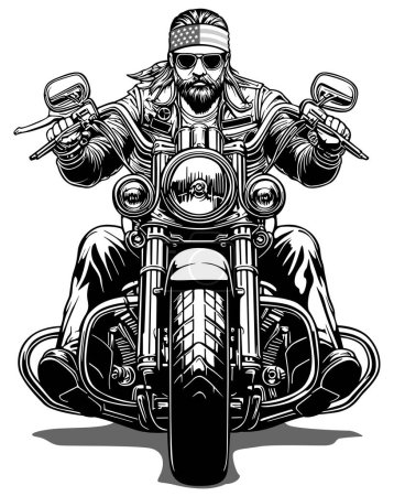 Illustration for Drawing of a Biker on a Strong Motorcycle - Black and White Illustration with a American Rider from a Frontal View Isolated on a White Background, Vector - Royalty Free Image