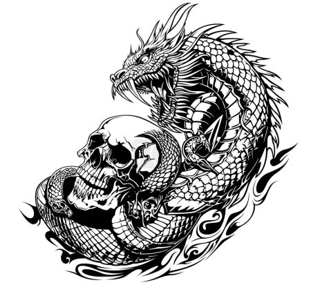 Ilustración de Dibujo de un dragón envuelto alrededor de un cráneo humano - Ilustración en blanco y negro o tatuaje aislado sobre fondo blanco, vector - Imagen libre de derechos