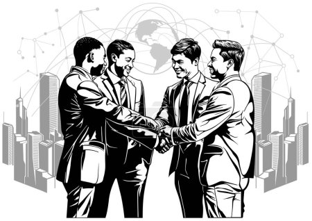 Illustration for Traders Shake Hands and Conclude Global Trade and Cooperation - Black and White Illustration Isolated on White Background, Vector - Royalty Free Image
