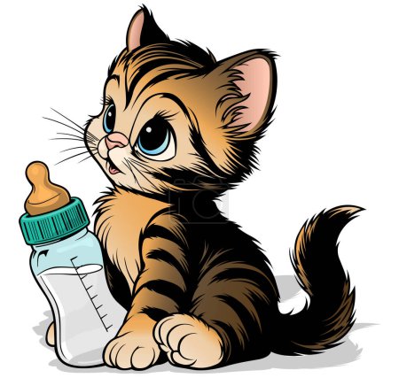 Sitting Kitten with Baby Bottle - Colored Cartoon Illustration Isolated on White Background, Vector