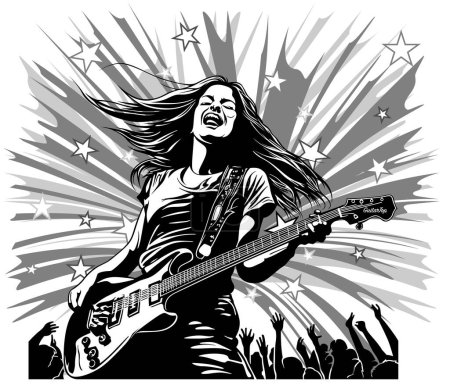 Ilustración de Dibujo de una mujer con una guitarra en un escenario con una silueta del público - Ilustración en blanco y negro aislada sobre un fondo blanco, Vector - Imagen libre de derechos