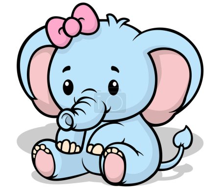 Sitting Blue Baby Elephant - Colored Cartoon Illustration Isolated on White Background, Vector