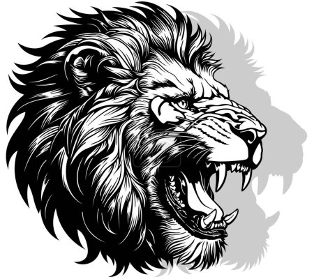 Téléchargez les illustrations : Dessin de la tête de lion à bouche ouverte Illustration noir et blanc isolé sur fond blanc, vecteur - en licence libre de droit