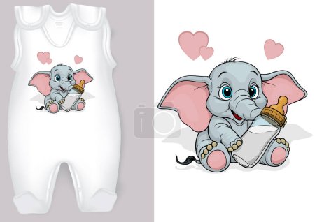 White Baby Rompers with a Cartoon Motif of a Elephant with Baby Bottle - Colored Illustration with Adorable Print Isolated on White Background, Vector
