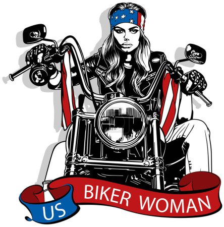 Téléchargez les illustrations : Dessin d'une motocycliste assise sur une puissante moto Illustration isolée sur fond blanc, vecteur - en licence libre de droit