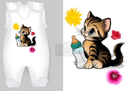 White Baby Rompers with a Cartoon Motif of a Kitty with Baby Bottle - Colored Illustration with Adorable Print Isolated on White Background, Vector
