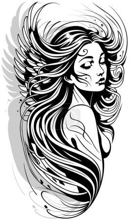 Illustration for Drawing of Woman with Flowing Hair - Black and White Tattoo or Illustration Isolated on White Background, Vector - Royalty Free Image