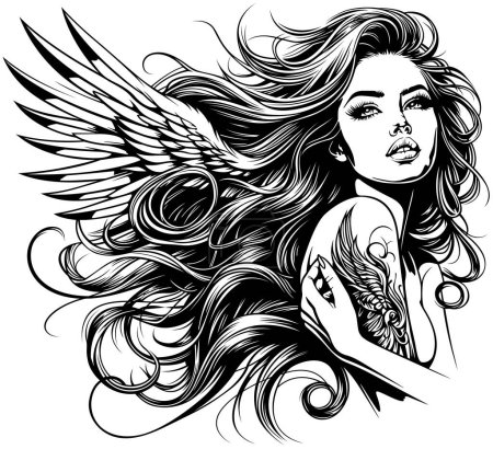 Téléchargez les illustrations : Dessin d'une belle femme comme un ange aux cheveux longs - Illustration en noir et blanc ou tatouage isolé sur fond blanc, vecteur - en licence libre de droit