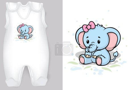 White Baby Rompers with a Cartoon Motif of a Blue Elephant - Colored Illustration with Adorable Print Isolated on White Background, Vector