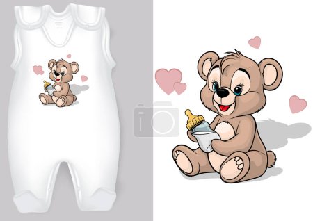 Weiße Strampler mit Cartoon-Motiv eines Teddybären mit Babyflasche - Farbige Illustration mit bezauberndem Druck auf weißem Hintergrund, Vektor