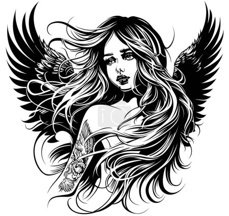 Illustration for Drawing of a Beautiful Young Girl as an Angel with Long Flowing Hair - Black and White Illustration or Tattoo Isolated on White Background, Vector - Royalty Free Image
