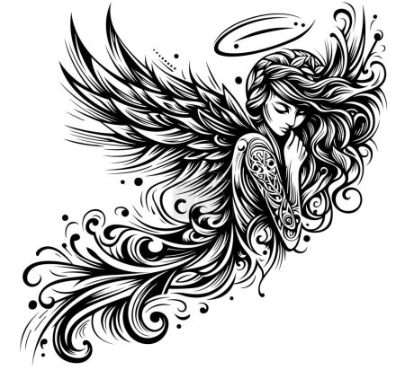 Illustration for Abstract Drawing of a Girl Angel with Long Hair in the Wind - Black and White Tattoo or Illustration Isolated on White Background, Vector - Royalty Free Image