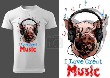Illustration for I Love Great Music with a Pig Illustration as a Textile Print Motif - Black and White Image, Vector - Royalty Free Image